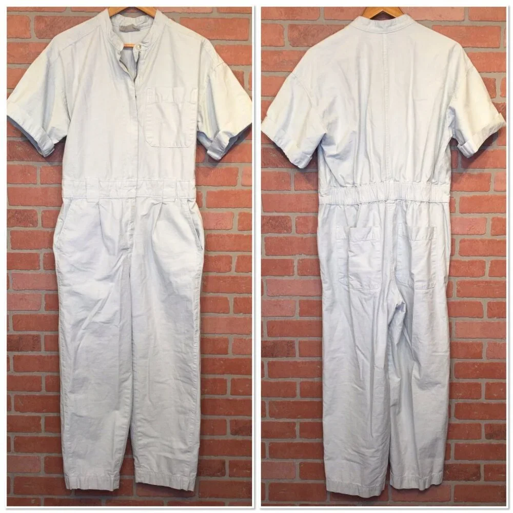Everlane Womens Short Sleeve Denim Jumpsuit Coveralls Organic Cotton Linen Sz 8